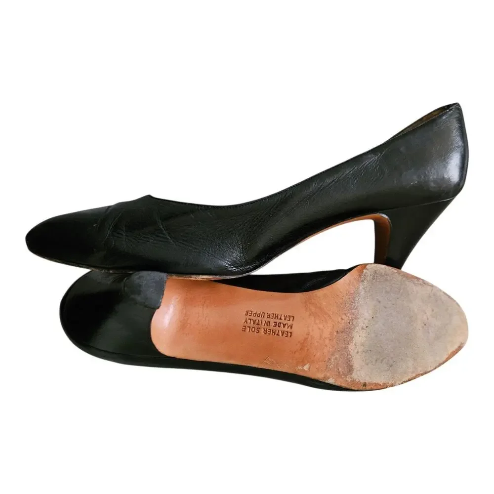 Vintage Ferragamo Classic Black Leather Mid Heel Pumps Size 9.5 D